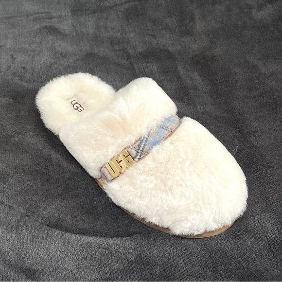 UGG Dalla Plaid Slippers Slides Clogs Gold Logo Sheepskin Winter Plaid Strap - Picture 11 of 11